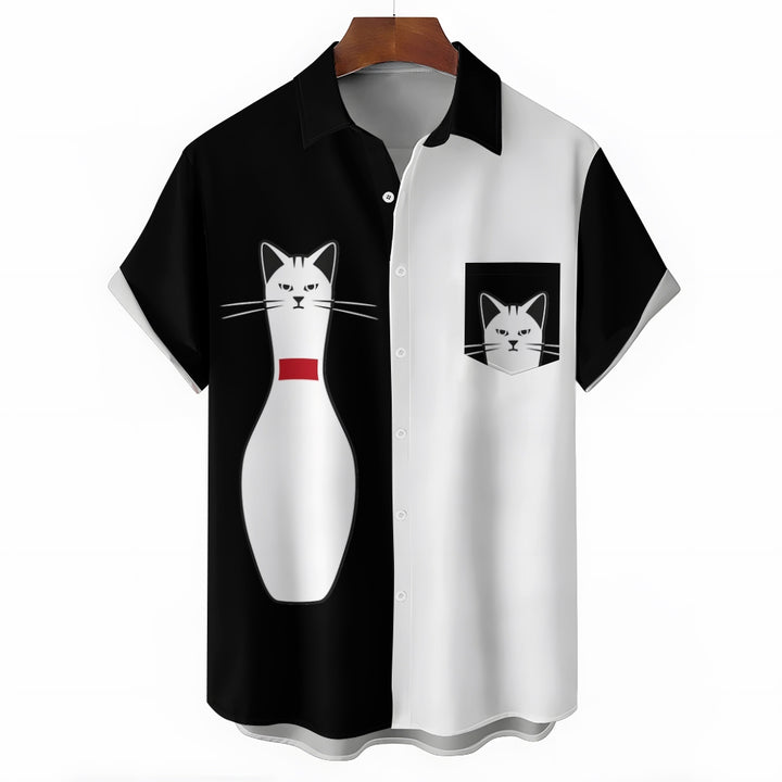 Men's Funny Kitten Bowling Print Short Sleeve Shirt 2409003515