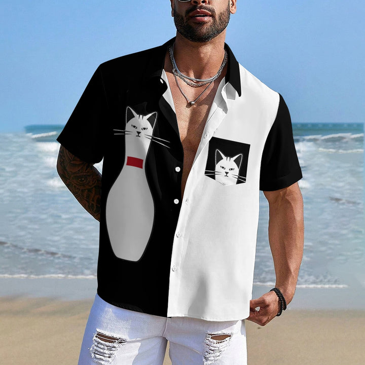 Men's Funny Kitten Bowling Print Short Sleeve Shirt 2409003515