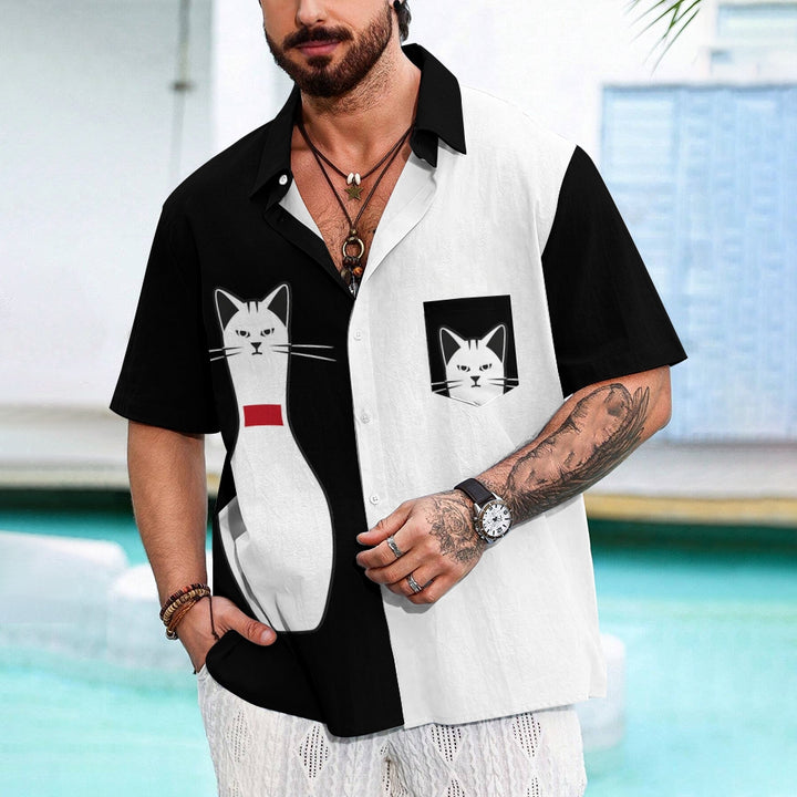 Men's Funny Kitten Bowling Print Short Sleeve Shirt 2409003515