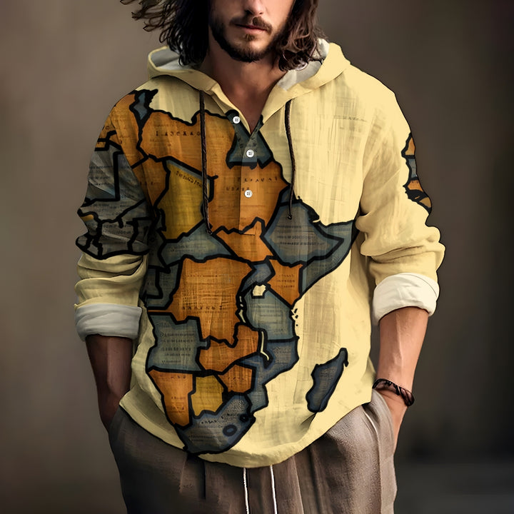 Men's Vintage Map Woodcut Art Print Hooded Shirt 2409004347