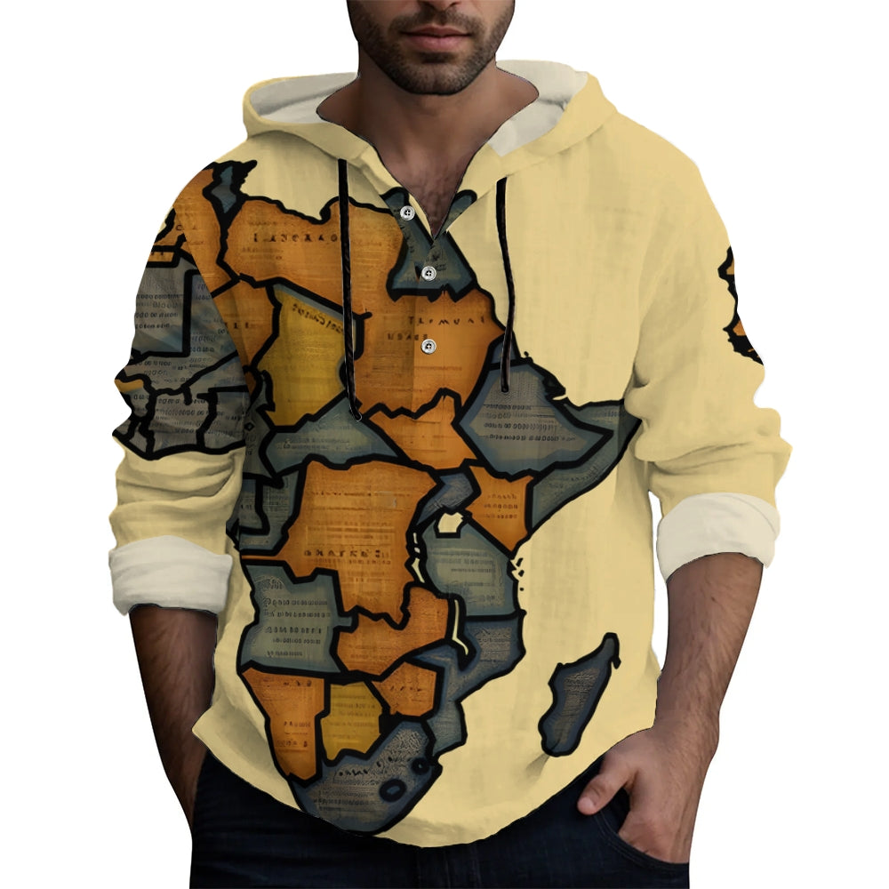 Men's Vintage Map Woodcut Art Print Hooded Shirt 2409004347