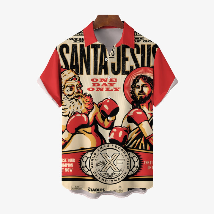 Retro Christmas Poster Santa Claus And Jesus Boxing Match Printing Shirt 2409005563