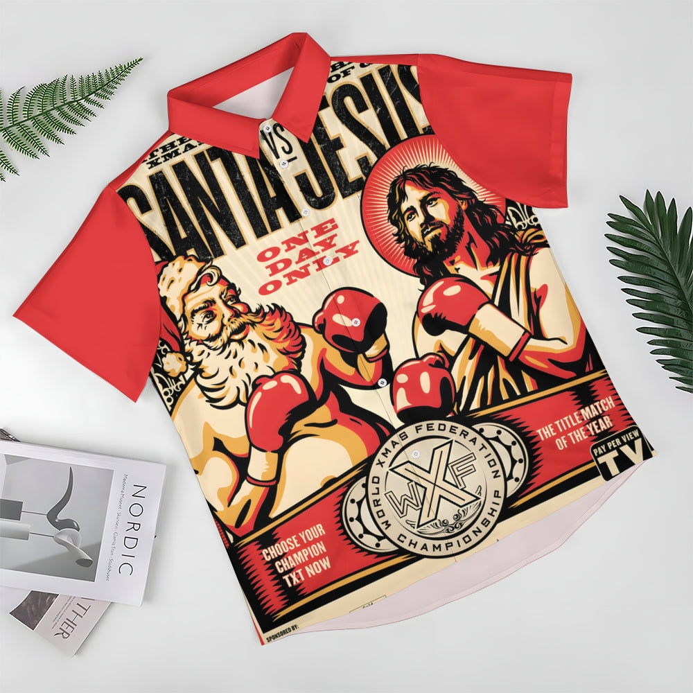 Retro Christmas Poster Santa Claus And Jesus Boxing Match Printing Shirt 2409005563