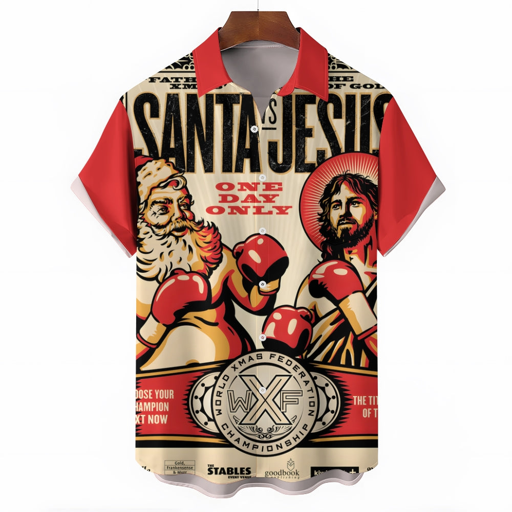 Retro Christmas Poster Santa Claus And Jesus Boxing Match Printing Shirt 2409005563