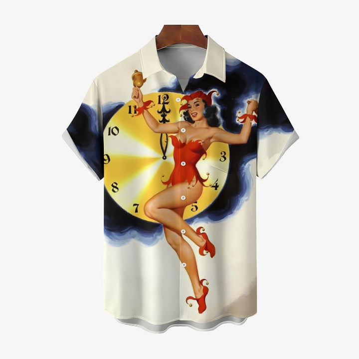 Vintage Pin Up Girl Poster Clock Christmas Printing Short Sleeve Shirt 2409005640