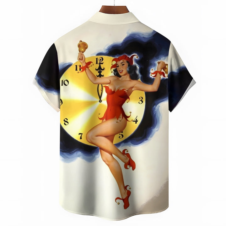 Vintage Pin Up Girl Poster Clock Christmas Printing Short Sleeve Shirt 2409005640