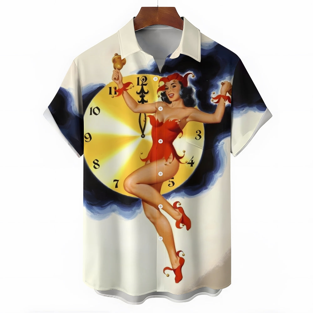 Vintage Pin Up Girl Poster Clock Christmas Printing Short Sleeve Shirt 2409005640