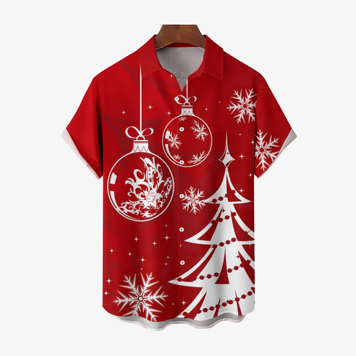 Casual Christmas Themed Print Chest Pocket Short Sleeve Shirt 2309000344