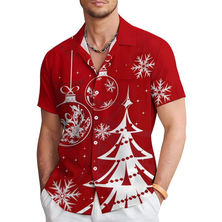 Casual Christmas Themed Print Chest Pocket Short Sleeve Shirt 2309000344