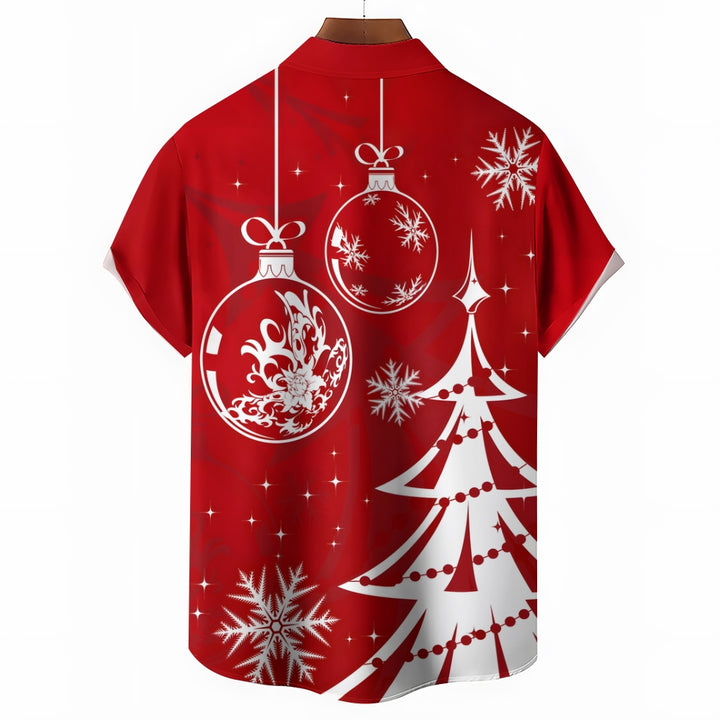 Casual Christmas Themed Print Chest Pocket Short Sleeve Shirt 2309000344