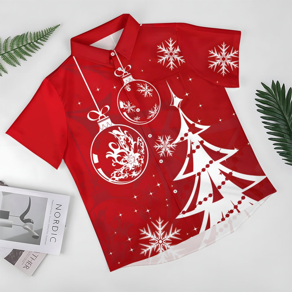 Casual Christmas Themed Print Chest Pocket Short Sleeve Shirt 2309000344