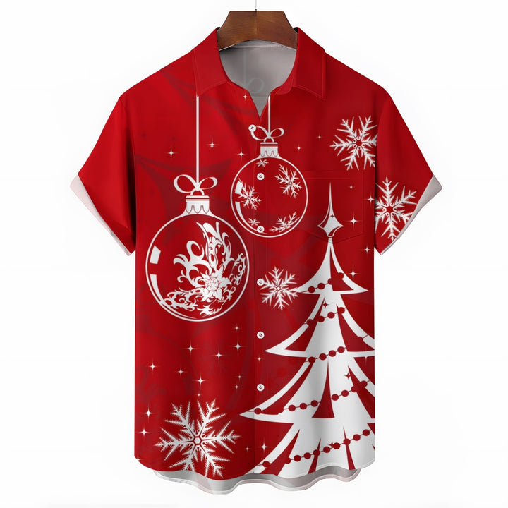 Casual Christmas Themed Print Chest Pocket Short Sleeve Shirt 2309000344