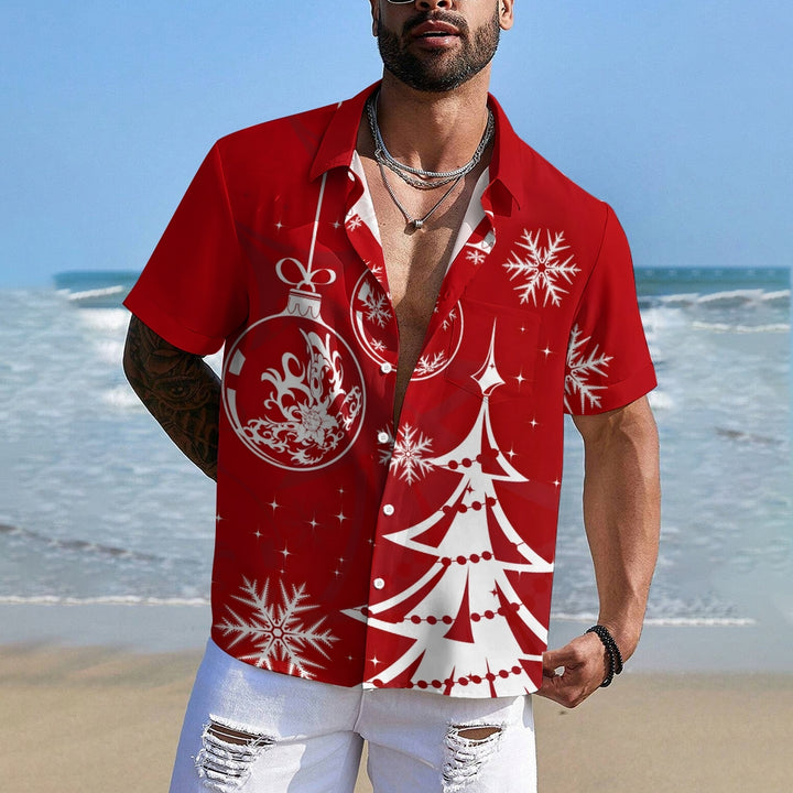 Casual Christmas Themed Print Chest Pocket Short Sleeve Shirt 2309000344