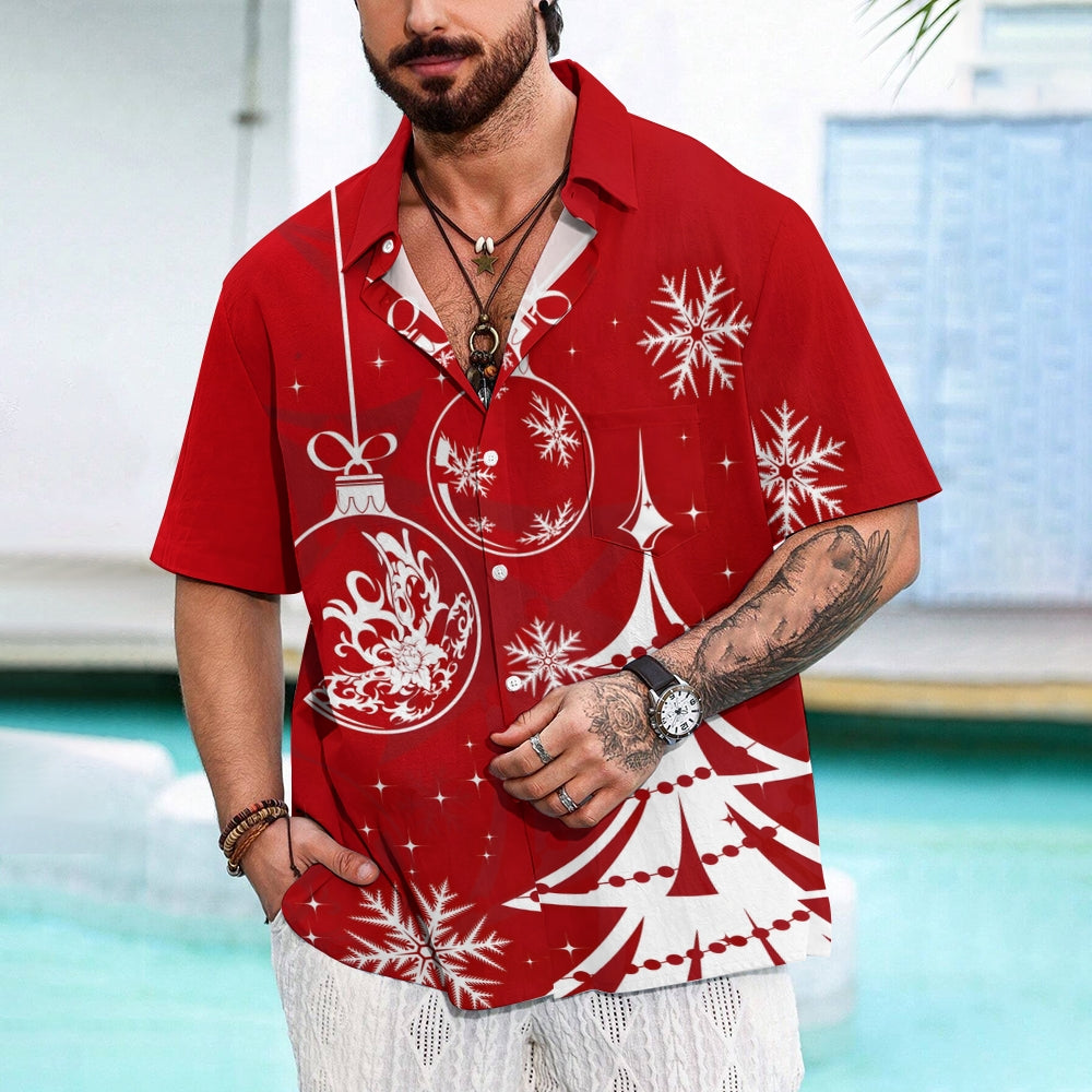 Casual Christmas Themed Print Chest Pocket Short Sleeve Shirt 2309000344