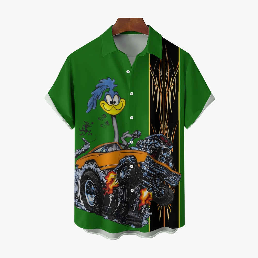 Classic Cartoon Modified Car Pinstripe Contrast Short Sleeve Shirt 2406000597