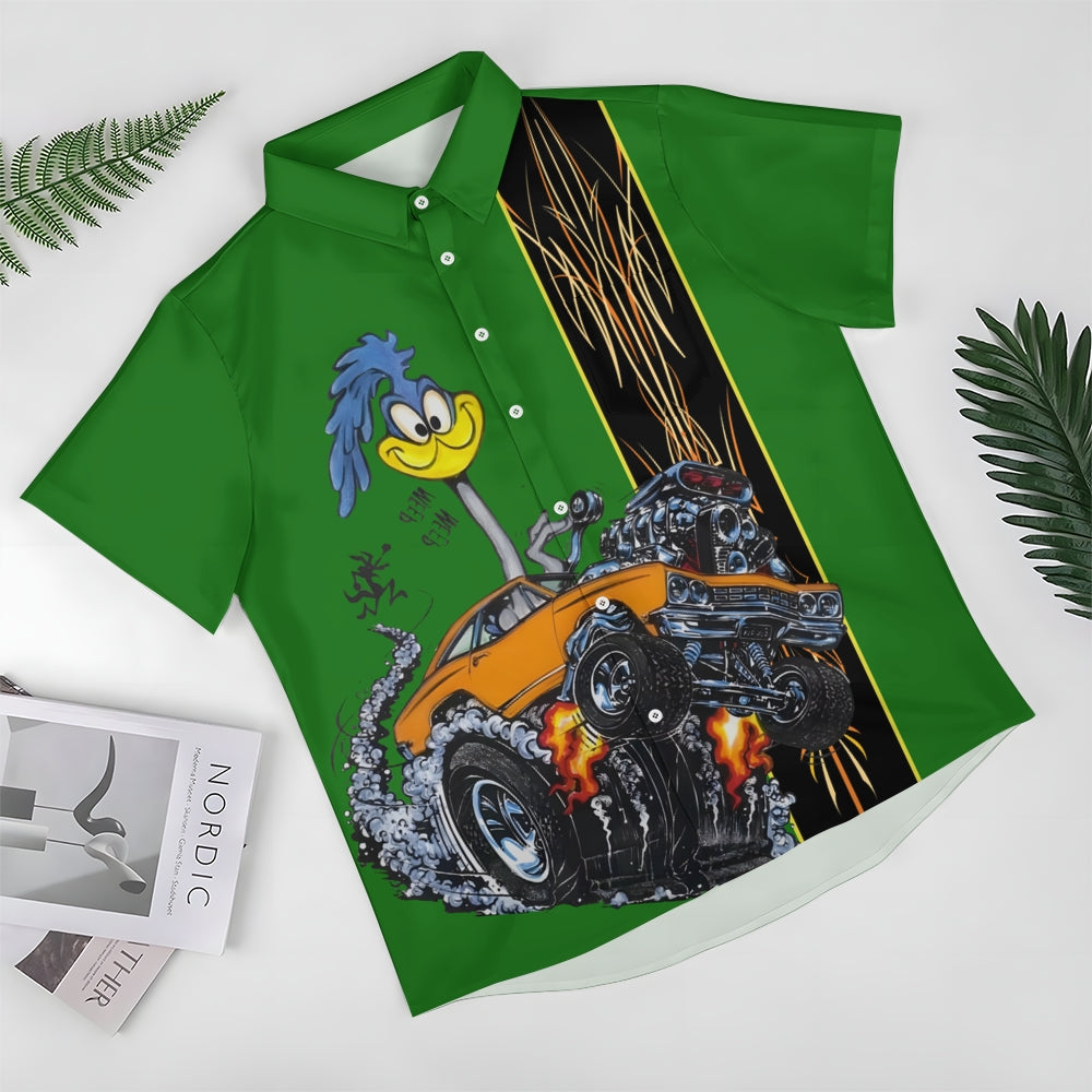 Classic Cartoon Modified Car Pinstripe Contrast Short Sleeve Shirt 2406000597