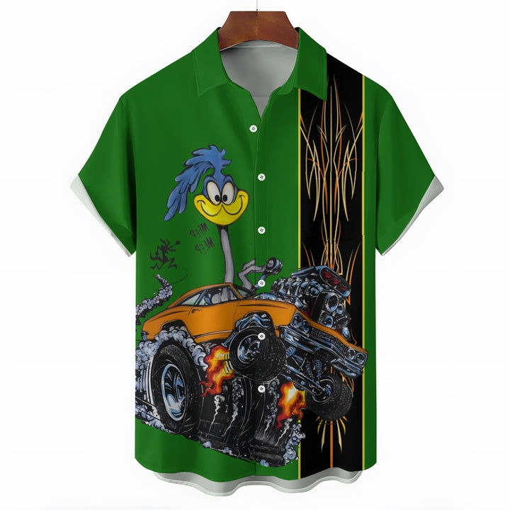 Classic Cartoon Modified Car Pinstripe Contrast Short Sleeve Shirt 2406000597