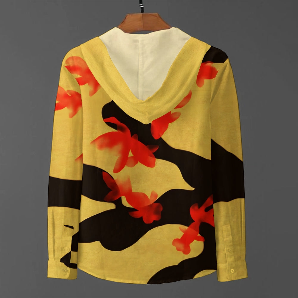 Red Goldfish Art Linen Hooded Long Sleeve Shirt 2409006322