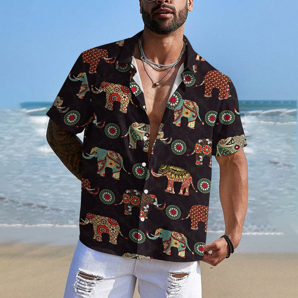 Men's Elephant Art Print Casual Short Sleeve Shirt 2404000290