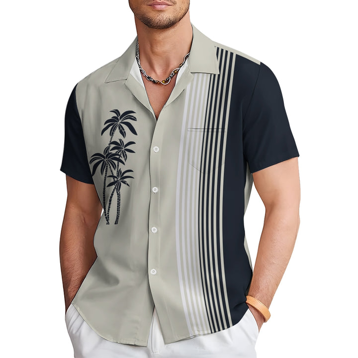 Men's Casual Hawaiian Coconut Stripe Print Short Sleeve Shirt 2409007329