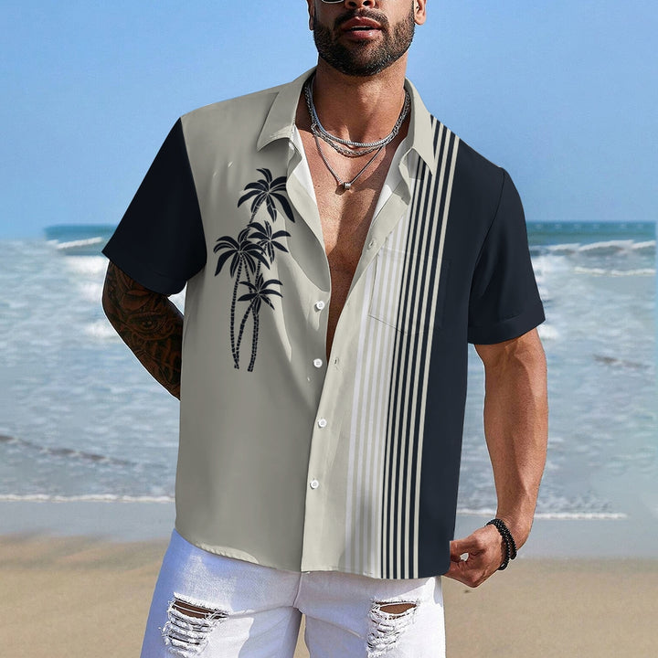 Men's Casual Hawaiian Coconut Stripe Print Short Sleeve Shirt 2409007329