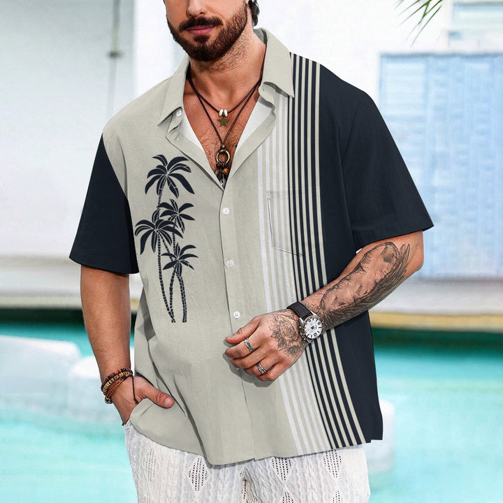 Men's Casual Hawaiian Coconut Stripe Print Short Sleeve Shirt 2409007329