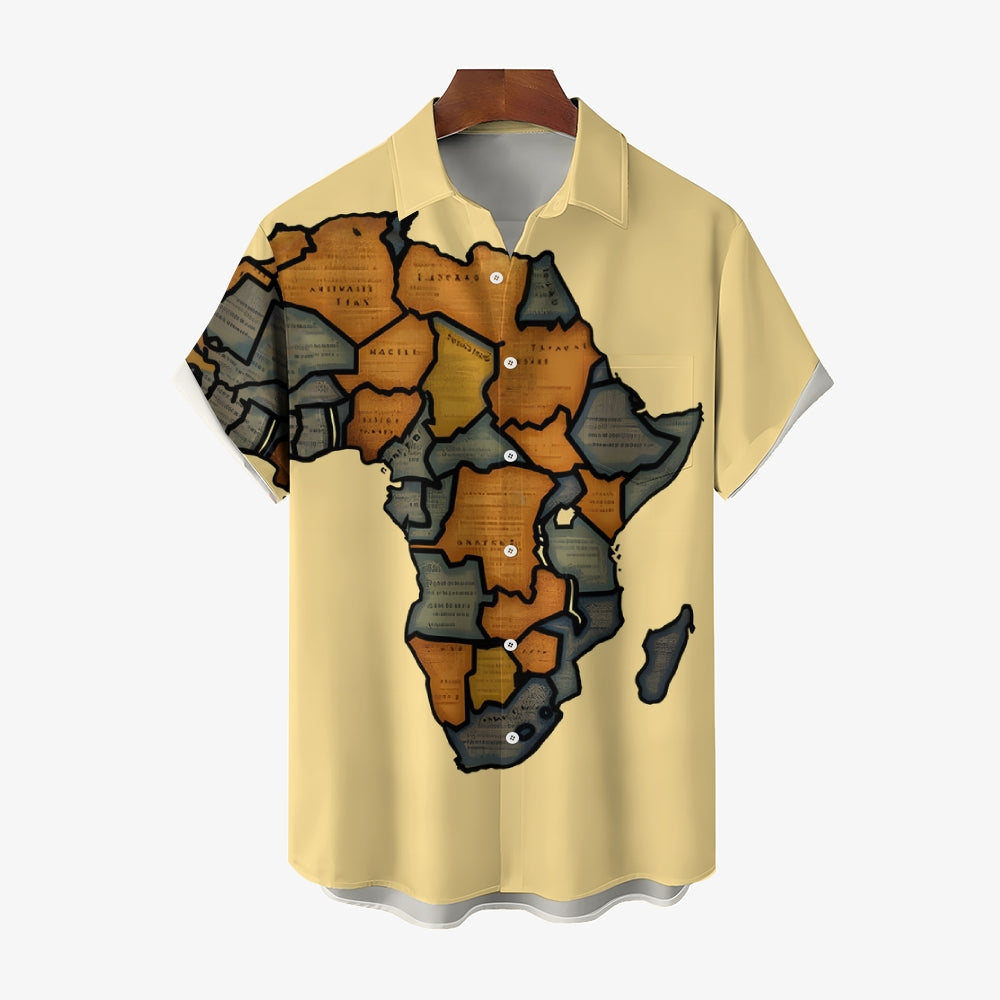 Men's Vintage Woodcut Africa Map Art Linen Blend Shirt 2409007401