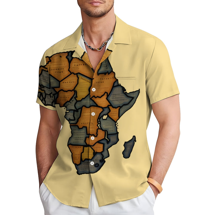 Men's Vintage Woodcut Africa Map Art Linen Blend Shirt 2409007401