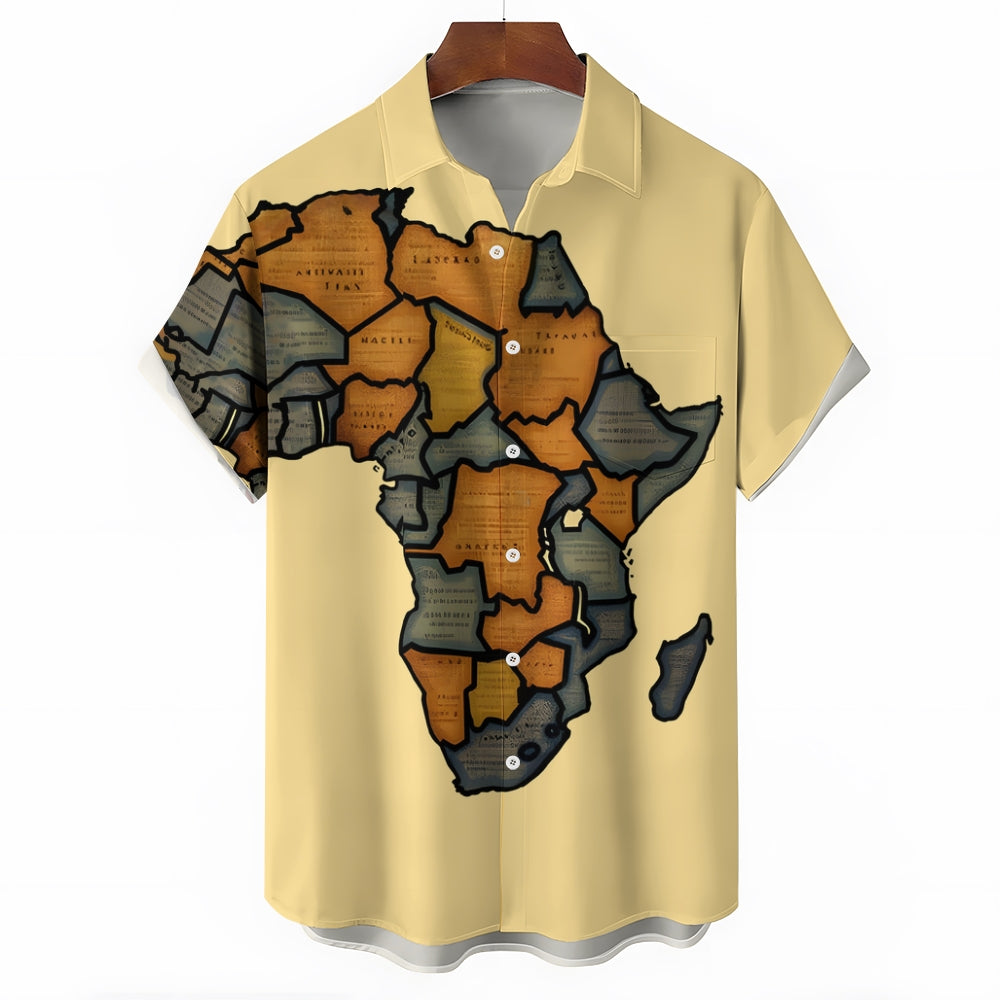 Men's Vintage Woodcut Africa Map Art Linen Blend Shirt 2409007401