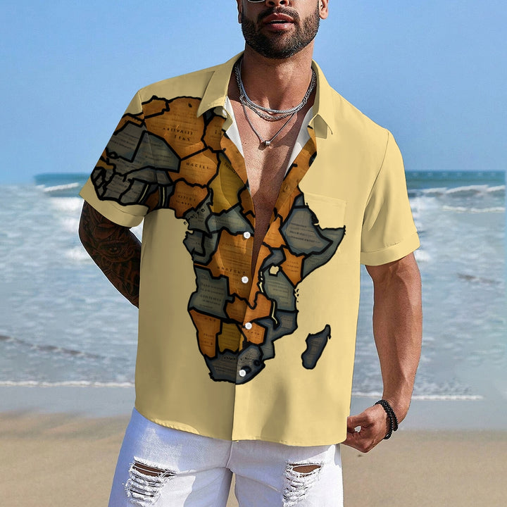 Men's Vintage Woodcut Africa Map Art Linen Blend Shirt 2409007401