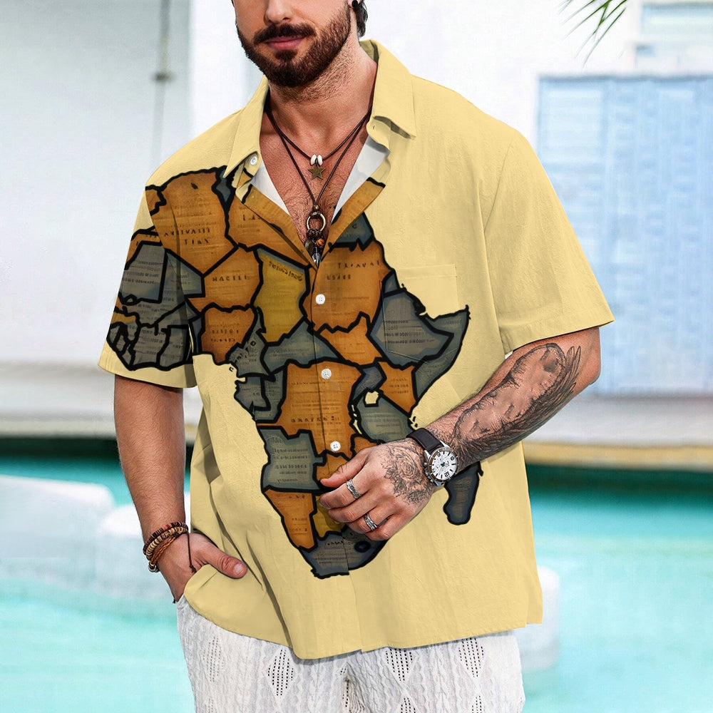 Men's Vintage Woodcut Africa Map Art Linen Blend Shirt 2409007401