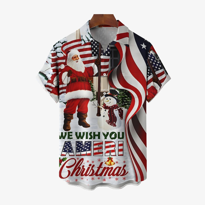 Christmas Themed Casual Printed Chest Pocket Short Sleeved Shirt 2309000567