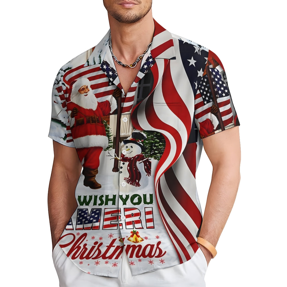 Christmas Themed Casual Printed Chest Pocket Short Sleeved Shirt 2309000567