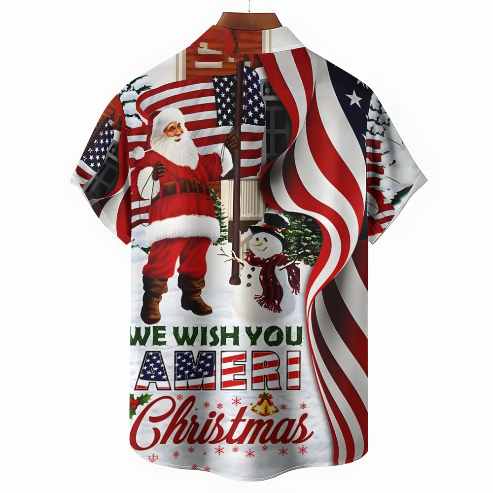 Christmas Themed Casual Printed Chest Pocket Short Sleeved Shirt 2309000567