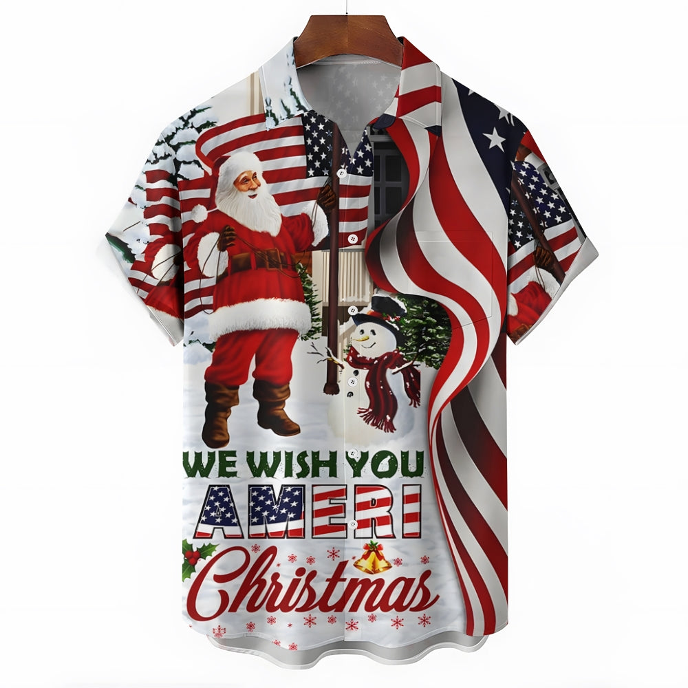 Christmas Themed Casual Printed Chest Pocket Short Sleeved Shirt 2309000567