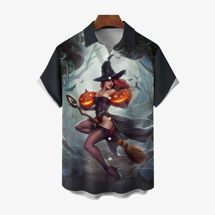 Halloween print button short-sleeved shirt 2409007435