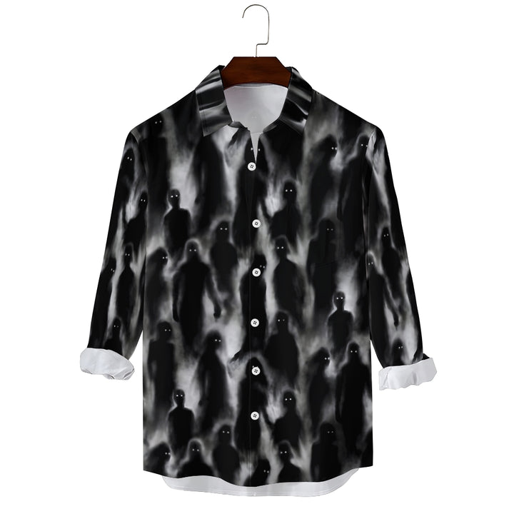 Men's Casual Shirt Darkness Ghost Print Button Down Long Sleeve Halloween Shirt 2409007447