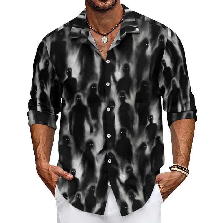 Men's Casual Shirt Darkness Ghost Print Button Down Long Sleeve Halloween Shirt 2409007447