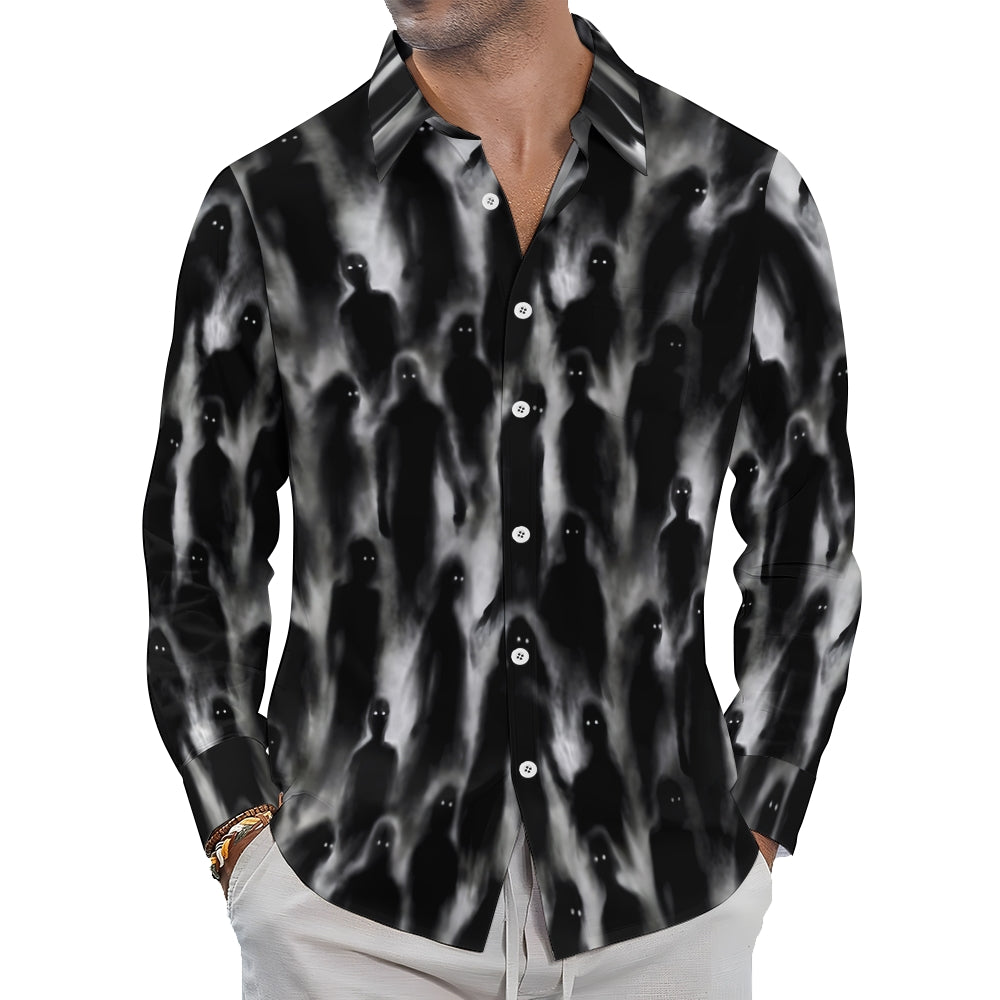 Men's Casual Shirt Darkness Ghost Print Button Down Long Sleeve Halloween Shirt 2409007447