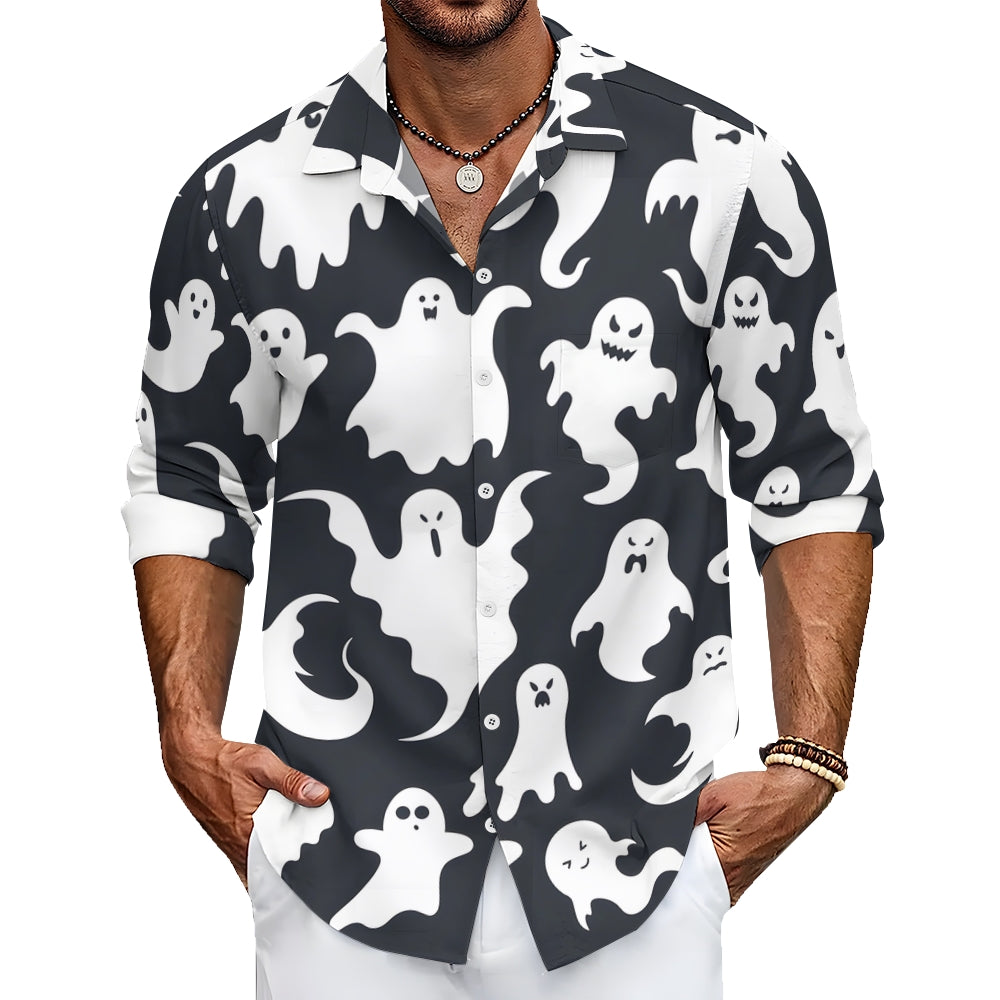 Men's Halloween Ghost Print Long Sleeve Shirt 2409007457