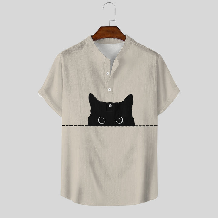 Men's Art Black Cat Print Cotton Blend Shirt