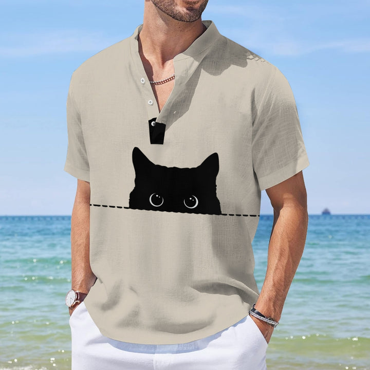 Men's Art Black Cat Print Cotton Blend Shirt