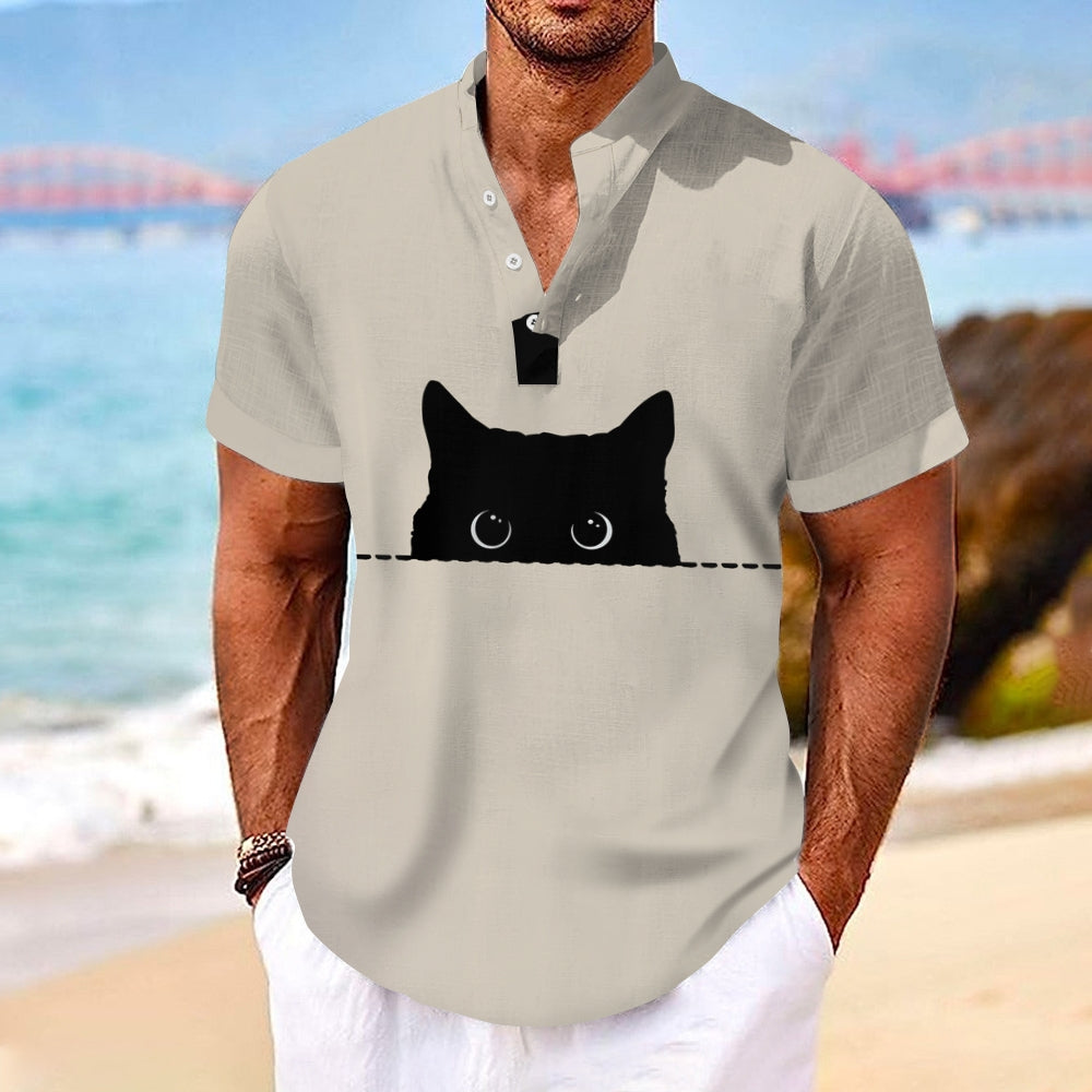 Men's Art Black Cat Print Cotton Blend Shirt