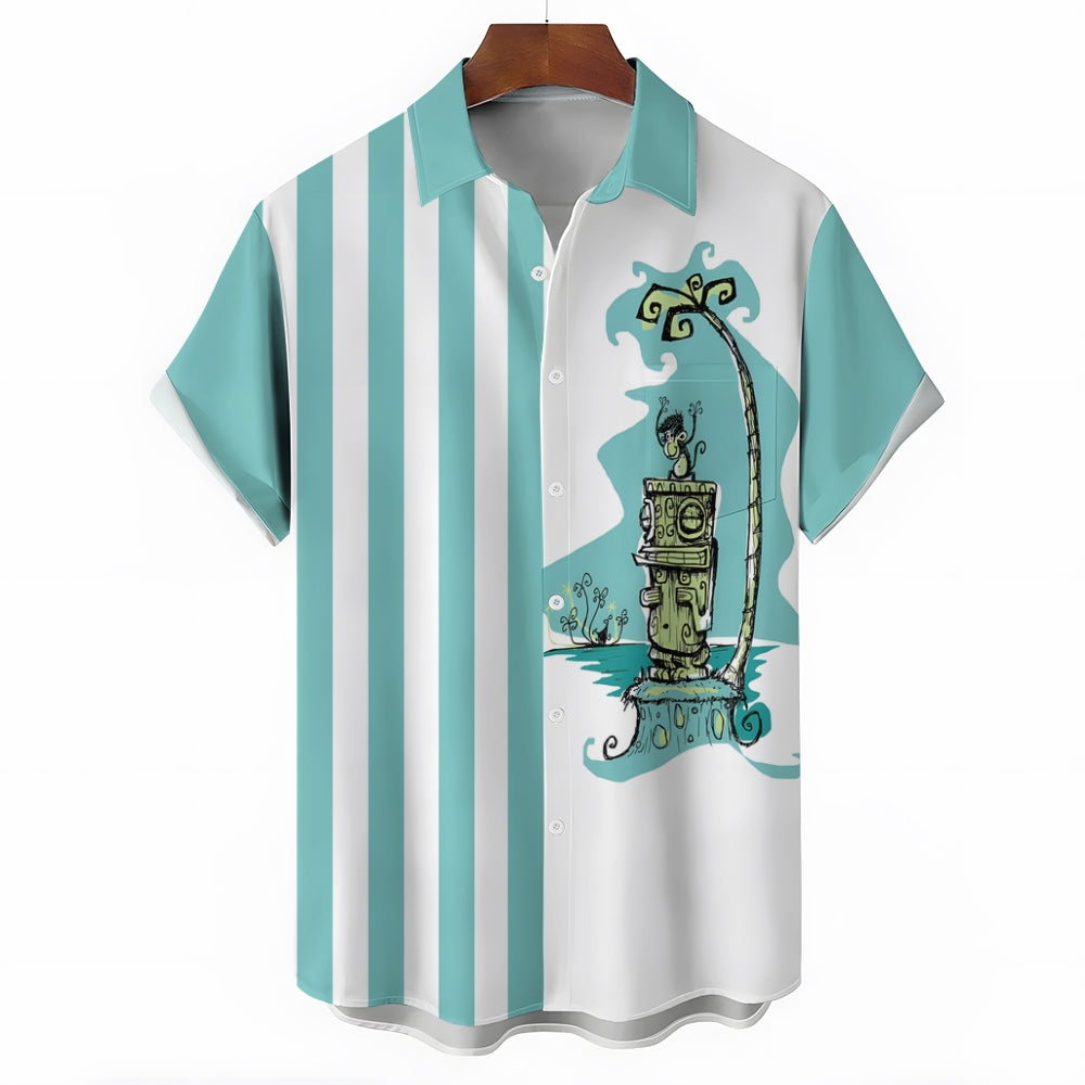 TIKI Art Stripe Print Casual Short Sleeve Shirt 2403000457