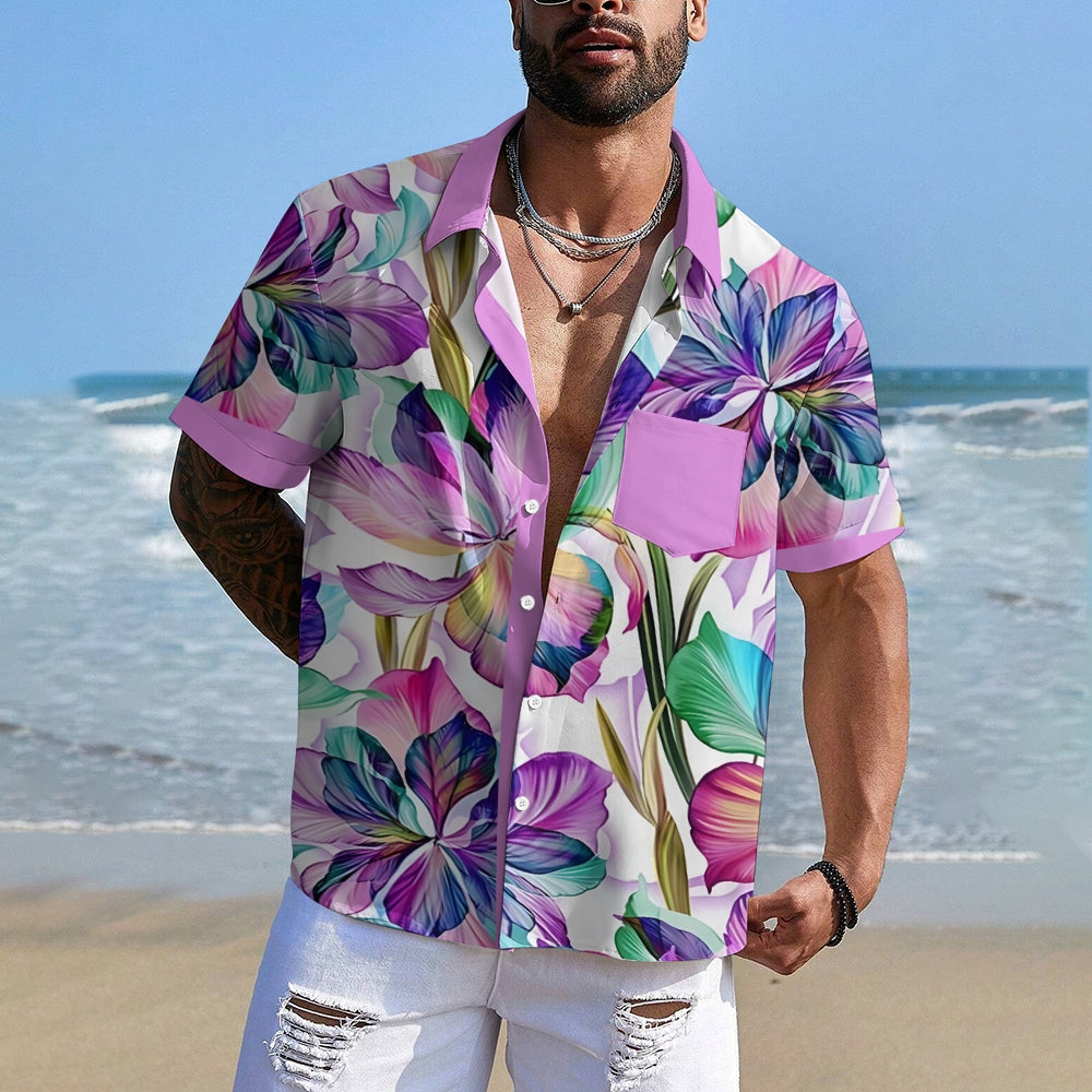 Men's Vibrant Hawaiian Floral Print Short Sleeve Shirt 2409008493