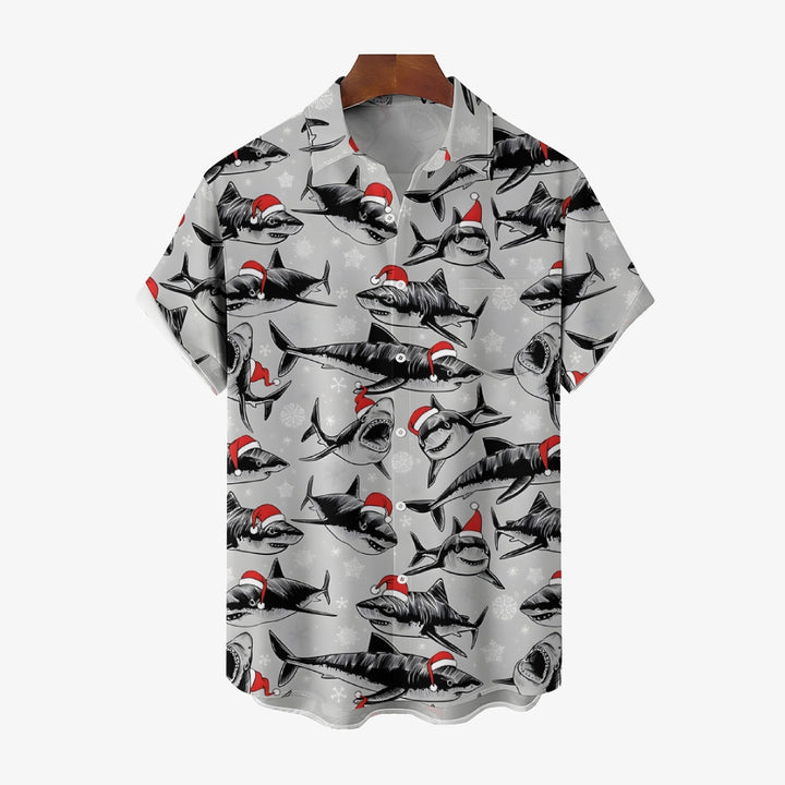 Christmas Sharks Chest Pocket Short Sleeve Shirt 2311000457