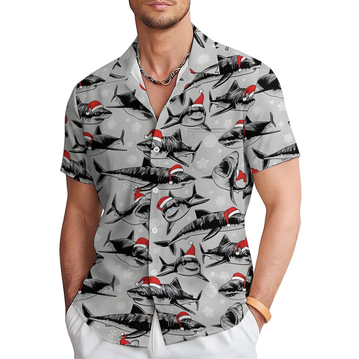 Christmas Sharks Chest Pocket Short Sleeve Shirt 2311000457