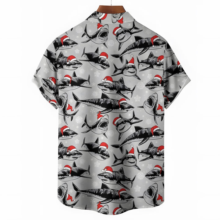 Christmas Sharks Chest Pocket Short Sleeve Shirt 2311000457