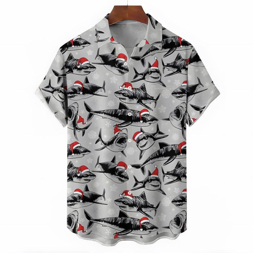 Christmas Sharks Chest Pocket Short Sleeve Shirt 2311000457