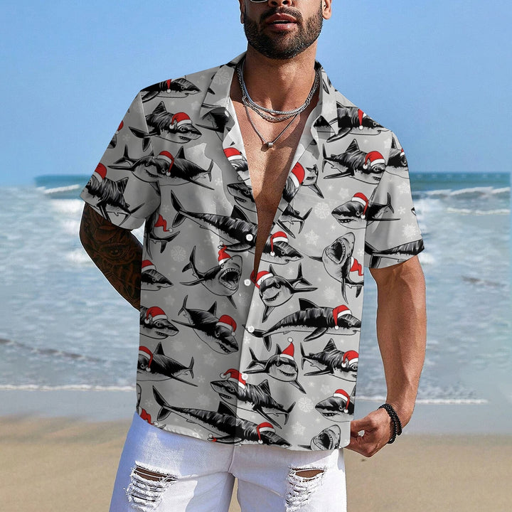 Christmas Sharks Chest Pocket Short Sleeve Shirt 2311000457